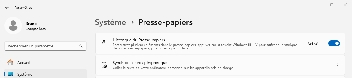 Paramètres presse-papier